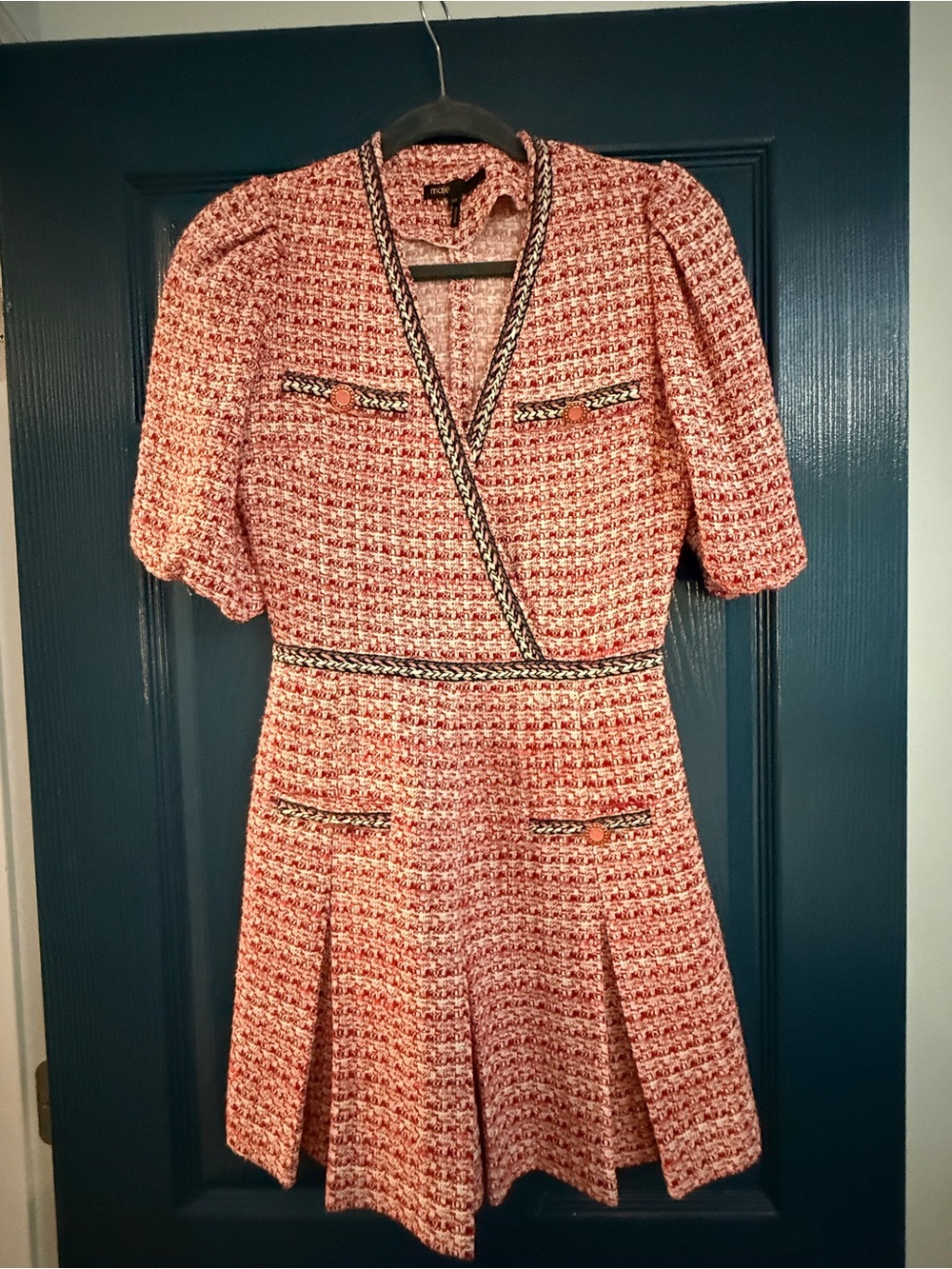 Maje Renetia Red Tweed Puff Sleeve Mini Dress FR 34 XS $495